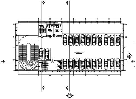 Basement Parking Plan In DWG File which provides detail of floor area for parking, detail of entry and exit, detail of staircase. Basement Parking Plan, Apartment Site Plan, Parking Plan, Underground Building, Commercial Building Plans, Basement Parking, The Office Building, Plan 2d, Parking Building