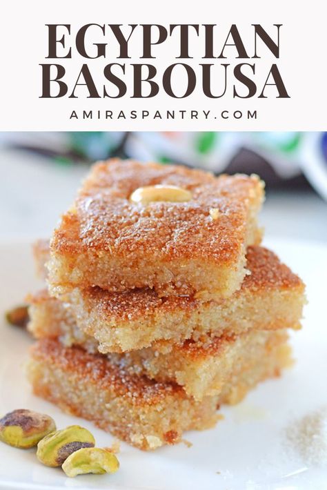 Egyptian basbousa is one of the most famous Arabic sweets. Semolina mixed with butter, sugar, yogurt and coconut and drizzled with flavored sugar syrup. #ArabicSweets #EgyptianDesserts #SemolinaCake #EasyDessertRecipe #MiddleEastFood Basbousa Recipe, Egyptian Desserts, Arabisk Mad, Arabic Sweets Recipes, Arabic Desserts, Middle East Food, International Desserts, Arabic Dessert, حلويات عربية