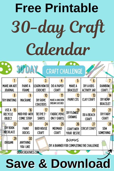 Free Printable Calendar of Crafts To Make or Try! 30 Day Craft Challenge That is fun for adults, teens, and kids! The calendar is linked with craft projects which make it easy to find something to make or learn. Print it now! PNG files and PDF files make it easy to save and download. And get crafting. What crafting project would you try first? - DearCreatives.com Love It! 30 Day Challenge Learn Something New, 30 Day Craft Challenge, Craft Challenge, Activity Jar, Thanksgiving Planner, Cool Calendars, Calendar Craft, Free Printable Crafts, Diy Gift Set