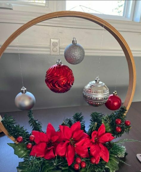 Hoop Christmas Centerpiece, Hoop Centerpiece Christmas, Xmas Ring, Christmas Decorations Centerpiece, Table Centerpiece Decorations, Christmas Centerpiece, Ornament Ideas, Floral Hoops, Michael Store