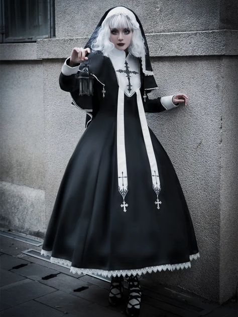 Black and White Cross Embroidery Gothic Nun One Piece + Cape Nun Dress Outfit, Cute Nun Outfit, Cute Nun Costume, Nun Outfit Reference, Fantasy Nun Outfit, Nun Inspired Outfit, White Nun Outfit, 90s Gothic Fashion, Hot Nun Outfit