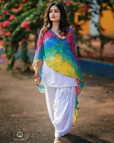 White Dress With Multi Colour Dupatta, Bandhani Dupatta Outfit, Multi Colour Dupatta, Bandhani Dupatta, Round Neck Crop Top, Celebrity Photographers, White Suit, Jamdani Saree, Malayalam Actress