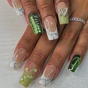 Manicure Natural, Butterfly Nail Designs, Green Nail Designs, Nagel Tips, Manicure Tips, Coffin Press On Nails, Butterfly Nail, Stick On Nails, False Nail