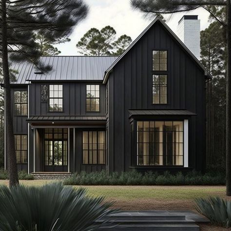 Exterior With White Windows, Dark Exterior Paint Colors, Moody Modern, Mountain Home Exterior, Black Houses, Dark Modern, Dark House, Home Styles, Modern Farmhouse Exterior