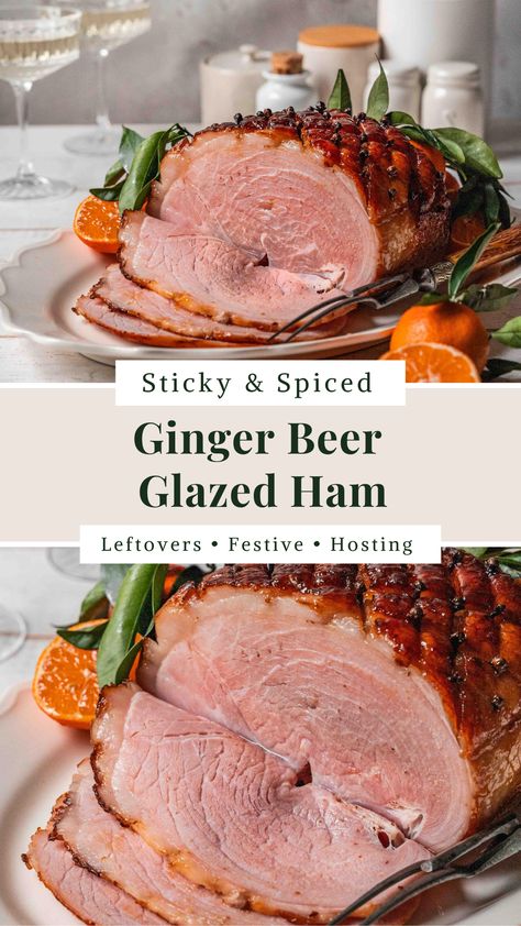 Sticky, spiced, and lots for leftovers, this ham is roasted with a ginger beer glaze that’s perfect for the festive period. Think warming spices, orange, cloves, and that glossy, caramelised finish.  #thanksgiving #festiveseason #dinner #ham #glazed #hosting Beer Ham, Honey Pecan Pie, Ham Glazes, Ham Glazed, Dinner Ham, Maple Cake, Roasted Ham, Honey Glazed Ham, Glazed Ham