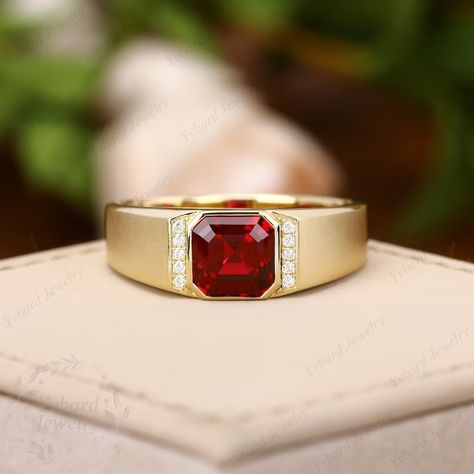 Buy 18K/14K/10K Solid Yellow Gold Lab Created Ruby Ring for Men Gold Band Red Gemstone Statement Rings Engagement Ring Wedding Ring Gift for Him Online in India - Etsy Red Ruby Ring For Men, Ruby Ring For Men In Gold, Mens Ruby Ring Gold, Ruby Ring Designs For Men, Men Gold Band, Ruby Ring For Men, Ruby Ring Men, King Rings, Ring For Men Gold