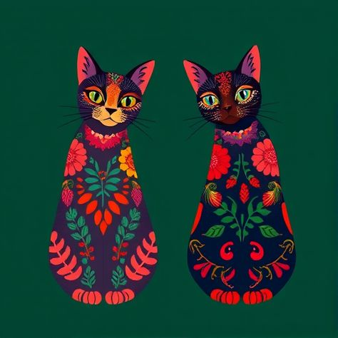 The image features two stylized cats with vibrant colors and intricate floral patterns on their bodies. They have expressive eyes and prominent ears, set against a deep green background. The design combines elements of folk art and whimsy, highlighting the beauty of these charming felines. Deep Green Background, Folk Art Cat, Expressive Eyes, Art Cat, Cat Colors, Green Background, Deep Green, Green Backgrounds, Cat Photo