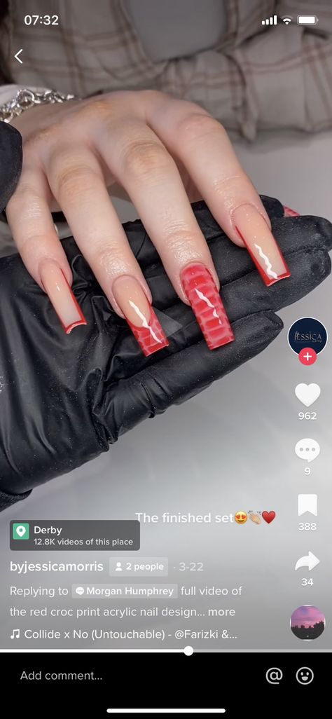 3d Croc Print Nails, Red 3d Nails, Black And Red Croc Nails, Red Crocodile Nails French Tip, Red Croc Print Nails, Red Croc Nails, Crocidle Pink Nails, Croc Nails, Acrylic Ideas