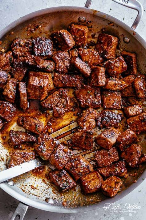 A pan of steak bites with garlic butter and cajun seasoning #cafedelites #steak #garlic #butter Stew Crock Pot Recipes, Recipes For Dinner Beef, Cajun Butter Steak, Beef Stew Crock Pot, Beef Stew Crock, Stroganoff Beef, Butter Steak Bites, Dinner Beef, Cajun Butter