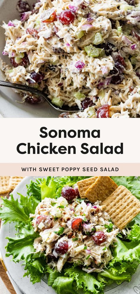 This Whole Foods copycat Sonoma chicken salad combines shredded chicken with grapes, pecans, red onion and celery all tossed in a creamy, sweet poppy seed dressing. It's easy, flavorful and the perfect make-ahead lunch recipe. Chicken Salad Poppy Seed Dressing, Sonoma Chicken Salad Recipe, Wine Country Chicken Salad, Unique Chicken Salad Recipes, Grape Chicken Salad Recipe, Sweet Chicken Salad Recipe, Italian Chicken Salad Recipe, Poppyseed Chicken Salad, Salads With Chicken