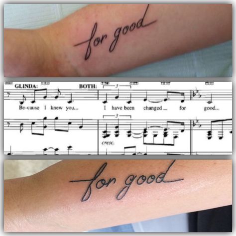 Matching 'for good' sister tattoos, as inspired by lyrics from Wicked the Musical. Matching Musical Tattoos, Music Best Friend Tattoos, For Good Tattoo Wicked, Tswift Tattoos, Wicked Tattoos Musical, Wicked Tattoo Ideas, Matching Music Tattoos, Musical Theatre Tattoo, Theatre Tattoos