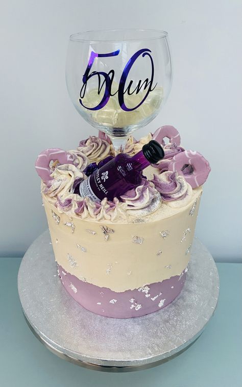 Lilac, silver leaf, rhubarb gin cake with russian buttercream Alcohol Cake Ideas For Women, Alcohol Theme Cakes For Women, Gin Birthday Cake Ideas, Wine Themed Cakes Ideas, 50th Birthday Ideas For Women Cakes, 50 Birthday Cake Ideas For Women, Wine Theme Cakes, Wine Cakes, Gin Cake