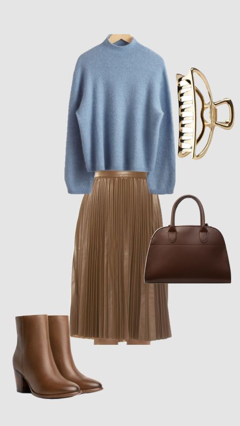 Blue Sweater Outfit Pale Blue Sweater Outfit, Brown And Blue Outfit, Blue And Brown Outfit, Blue Sweater Outfit, Sweater Skirt Outfit, Ombre Sweater, Sweater Outfit, Brown Outfit, Brown Skirts