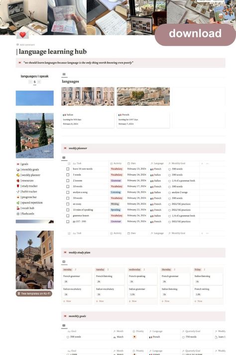 #Aesthetic_Language_Learning #Language_Learning_Tracker #Notion_Template_Language #Language_Learning_Template Aesthetic Language Learning, Language Learning Tracker, Notion Template Language, Learning Tracker, Language Learning Template, Language Learning Aesthetic, Study Moods, Korean Planner, Language Learning Planner