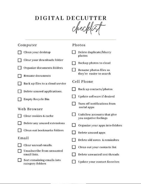 Declutter Printables Free, Digital Organization Ideas, Digital Cleaning Checklist, Digital Declutter Checklist, Phone Declutter Checklist, Monthly Reset Checklist, Phone Declutter, Weekly Reset Checklist, Getting Your Life Together Checklist