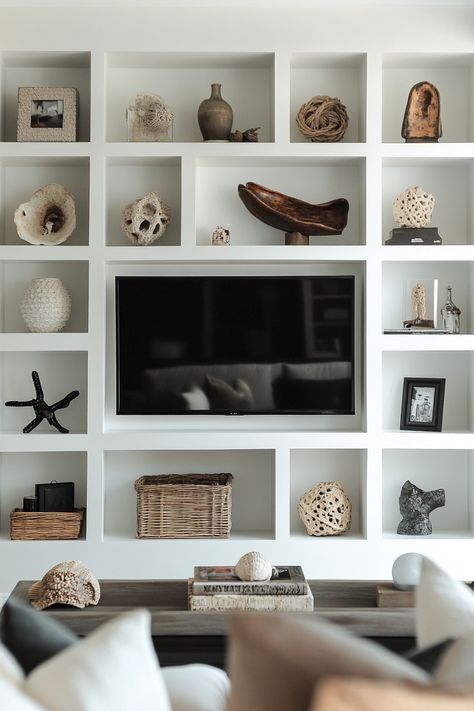 13+ Accent Wall Ideas To Highlight Your TV Area - DreamyHomeStyle Tv Shelves Decor, Shelving Around Tv On Wall, Living Room Shelving Ideas Around Tv, Multiple Tv Wall Ideas, Decorating Around A Tv On The Wall, Wall Unit Decor Ideas, Bedroom Tv Wall Ideas, Room With Bookshelves, How To Decorate Around A Tv