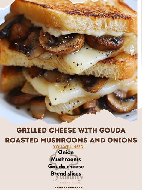 🧀���🍄 Grilled Cheese with Gouda Roasted Mushrooms and Onions – A gourmet twist on grilled cheese with gouda, mushrooms, and onions. Indulgent and delicious! 🥪🧀 #GourmetGrilledCheese #ComfortFood Grilled Cheese with Gouda Roasted Mushrooms and Onions Ingredients: Bread slices (4) Gouda cheese (4 slices) Mushrooms (1 cup, sliced) Onion (1/2, sliced) Olive oil (2 tbsp) Butter (2 tbsp) Salt and pepper (to taste) Instructions: Preheat oven to 400°F (200°C). Toss mushrooms and onions in olive oil,... Roasted Mushrooms And Onions, Mushrooms And Onions, Gourmet Grilled Cheese, Sliced Onion, Gouda Cheese, Roasted Mushrooms, Mushroom And Onions, Sliced Mushrooms, Mushroom Recipes