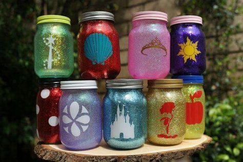 Disney mason jars Prom Centerpieces, Disney Dorm, Disney Centerpieces, Iris Wedding, Table Placement, Jars Ideas, Wedding Disney, Glitter Mason Jars, Roommate Gifts