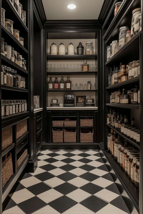 41 Butler’s Pantry Ideas That Combine Flair and Function Pantry Cellar, Pantry Ideas Walk In, Butlers Pantry Bar, Pantry Design Walk In, Moody Pantry, Pantry Interior Design, Bakers Pantry, Dark Pantry, Pantry With Fridge