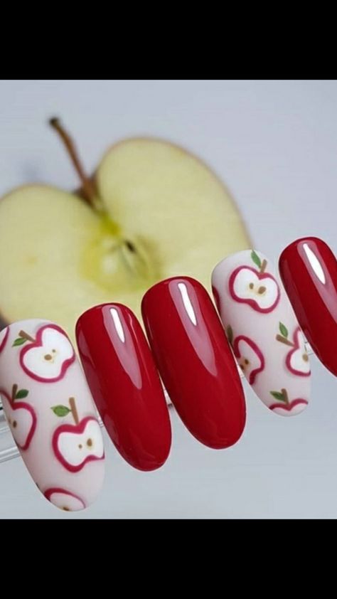 Apple Nails Art, Fruity Nails, Apple Nails, Summertime Nails, Fruit Nails, Fruit Nail, Disney Acrylic Nails, Food Nails, Gel Extensions