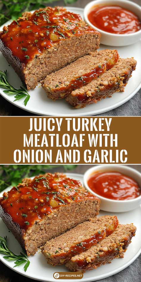 Learn how to make juicy turkey meatloaf with sautéed onions and garlic for extra flavor. A perfect comfort food dish! Stove Top Turkey Meatloaf, Turkey Loaf Recipe Easy Meatloaf, Meatloaf With Ground Turkey, Meatloaf With Turkey Meat, Smoked Turkey Meatloaf, Meatloaf Recipes Turkey, Best Turkey Meatloaf Recipes, Chinese Meatloaf, Turkey Burger Meatloaf