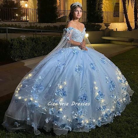 Blue Quinceanera Dresses With Cape, Blue Charro Quinceanera Dresses, Quinceanera Dresses With Cape, Sweet 16 Dresses Long, Long Sweet 16 Dresses, Sky Blue Quinceanera Dresses, Modest Ball Gown, Light Blue Quinceanera Dresses, Cinderella Quinceanera