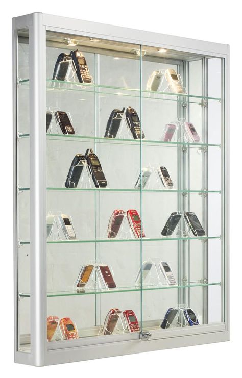 3x4 Wall Mounted Display Case w/Slider Doors, Mirror Back, Locking - Silver Slider Doors, Wall Mounted Display Case, Wall Mounted Display Cabinets, Cabinets With Glass Doors, Shelves Display, Slider Door, Glass Cabinets Display, Silver Walls, Tempered Glass Shelves