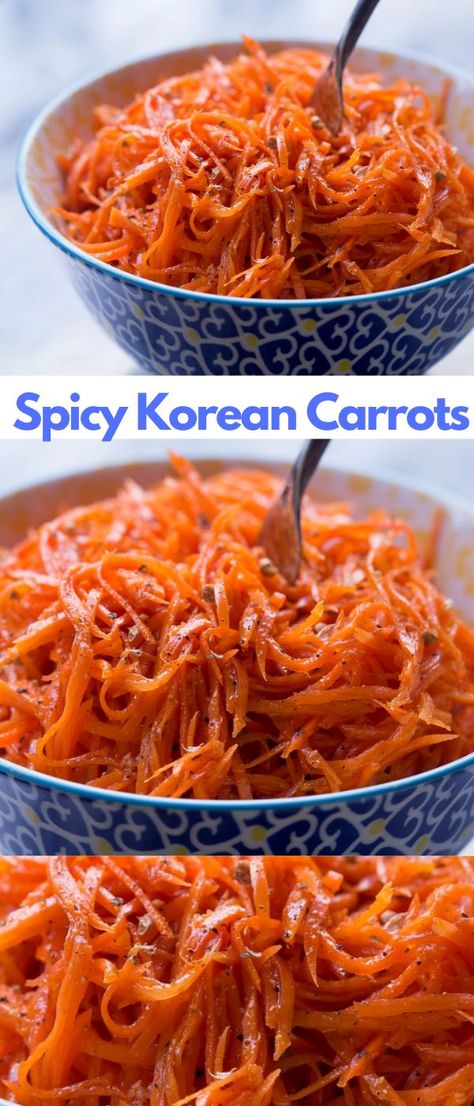 Korean Carrots, Spicy Carrot Salad, Korean Carrot Salad, Spicy Recipes Easy, Korean Carrot, Carrots Salad, Corn Dishes, Spicy Korean, Spicy Snacks