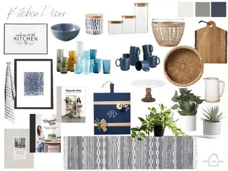 Blue And Brown Kitchen Decor, Navy Boho Kitchen, Grey Kitchen With Blue Accents, Navy Blue Boho Kitchen, Grey And Blue Kitchen Decor Ideas, Dusty Blue Kitchen Decor, Blue Accents In Kitchen, Blue Kitchen Decorating Ideas, Boho Blue Kitchen