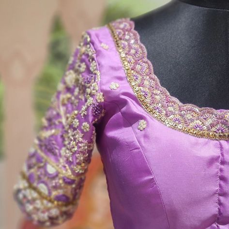 This intricate blouse is made for our beautiful client, Priyanka Reddy, for her engagement. The saree is in a light lavender color with silver zari We have designed the blouse with self-sequins, silver zardozi, pearls, and self-colored threads. . . . . #bridalembroidery #bridalblouseideas #bridetobe #engagementblouse #blouseideas #bridalblousedesigners #bridalblousestudio #lavenderblouse #weddingblouses #aariwork # maggam Lavender Blouse Design, Pastel Saree, Wedding Blouses, 1 Gram Gold Jewellery, Latest Blouse Designs Pattern, Pure Gold Jewellery, Light Purple Color, Lavender Blouse, Color Blouse