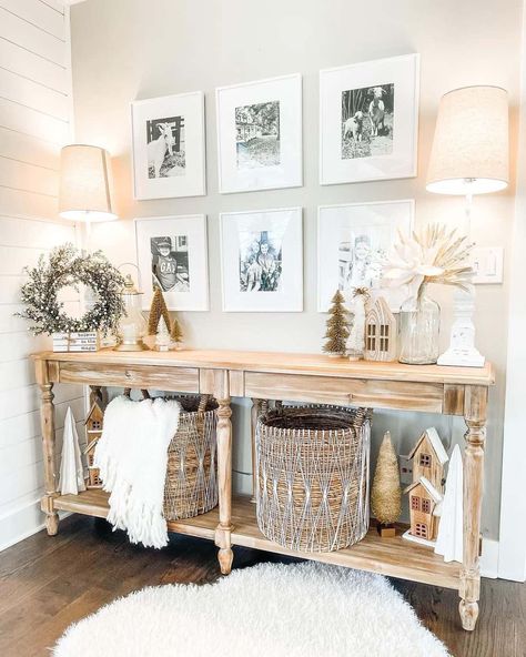 15 Chic and Trendy Ways to Style Gallery Wall Above Console Table Living Room Console Table Decor, Modern Farmhouse Gallery Wall, Gold Frame Gallery Wall, Black And White Photography Wall, Gold Gallery Wall, Low Bookshelves, Farmhouse Gallery Wall, White Bookshelves, Console Table Decorating