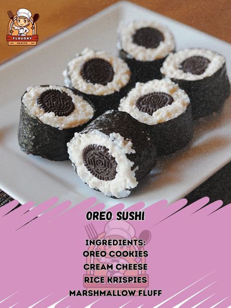 🍪🍣 Sweet meets savory with Oreo Sushi! A unique dessert roll that's sure to wow your taste buds. Try it now! 🍣🎉 #OreoSushi #DessertGoals Oreo Sushi Ingredients: Oreo cookies (12) Cream cheese (4 oz, softened) Rice Krispies (1 cup) Marshmallow fluff (1/2 cup) Fruit leather (1, cut into strips) Instructions: Crush Oreo cookies in a bowl. Mix cream cheese with crushed Oreos until smooth. Spread mixture over a sheet of fruit leather. Roll up with Rice Krispies and slice into sushi pieces. Ind... Oreo Sushi, Oreo Rice, Sushi Ingredients, Fruit Leather, Crushed Oreos, Rice Krispy, Unique Desserts, Daily Recipes, Marshmallow Fluff