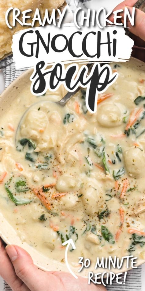 Turn your leftover rotisserie chicken into a creamy bowl of Chicken Gnocchi Soup in just 30 minutes! With fresh spinach, potato gnocchi, Italian herbs, and parmesan, this easy weeknight meal will warm you up from the first spoonful to the last. #soup #chicken #gnocchi Rotisserie Chicken Gnocchi, Soup Chicken Gnocchi, Gnocchi Italian, Creamy Chicken Gnocchi Soup, Creamy Chicken Gnocchi, Creamy Garlic Parmesan Chicken, Spinach Potato, Chicken Zucchini Casserole, Rotisserie Chicken Breast