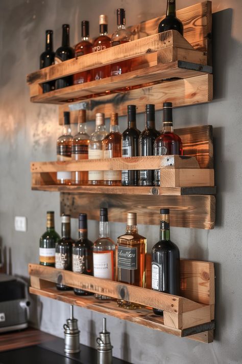 85 Creative DIY Bar Shelf Ideas You'll Love (2024) Bar Counter Wall Design, Bar Design Basement, Nook Coffee Bar, Diy Bar Shelf Ideas, Diy Bar Shelves, Wall Bar Ideas, Bar Cabinet Kitchen, Bar Shelf Ideas, Green Decor Ideas