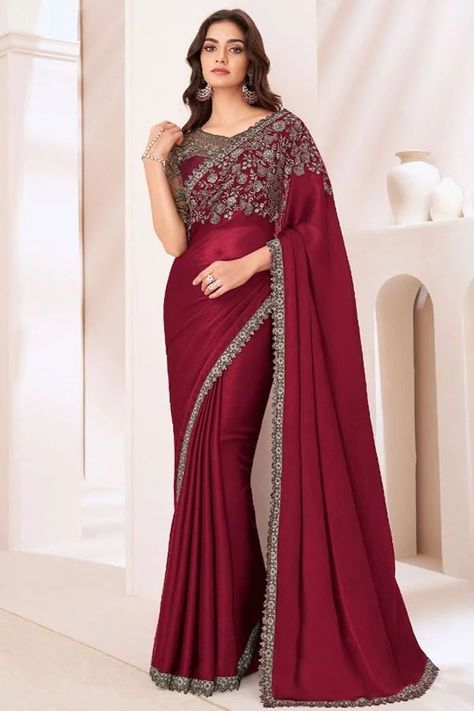 Maroon Embroidered Satin Chiffon Saree Embroidery Work On Blouse, Saree Wedding Designer, Work On Blouse, Saree Satin, Saris Indian, Maroon Saree, Blouse Satin, Indian Designer Sarees, Saree Fashion