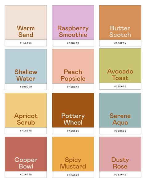 Some brand color inspo 🙃 🎨 #colorpalette #colorpalettes #brandcolors #colorinspiration #graphicdesign #graphicdesigner August Palette Color, Dessert Colour Palette, Juice Bar Color Palette, Brunch Color Palette, Color Palette For Bakery, Marker Color Palette, Procreate Pallete, 1960s Color Palette, Cute Colour Palette