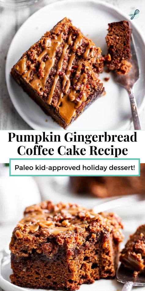 This Paleo Pumpkin Gingerbread Coffee Cake has it all! Moist cake with sweet warm pumpkin spices and molasses topped with an addicting crumb topping and gingerbread icing! Fancy enough to serve to guests but so delicious that you’ll want to have some to snack on all season long. Paleo Gingerbread Cake, Gingerbread Coffee Cake, Vegan Ginger Molasses Cookies, Christmas Coffee Cake, Gluten Free Gingerbread Cake, Paleo Deserts, Paleo Gingerbread, Gingerbread Icing, Gingerbread Coffee