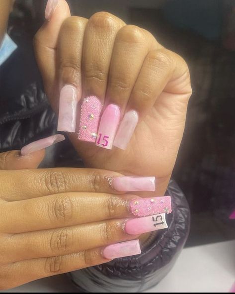 Sweet 16 Nails Acrylic Short, Nails 15 Birthday, Birthday Nails For 13 Short, Nail Designs For 15 Birthday, Pink Birthday Nails Medium Length, Cute Sweet 16 Nails, Birthday Nails 12-13, 16 Birthday Nails Acrylic Long, Medium Baddie Nails Acrylic