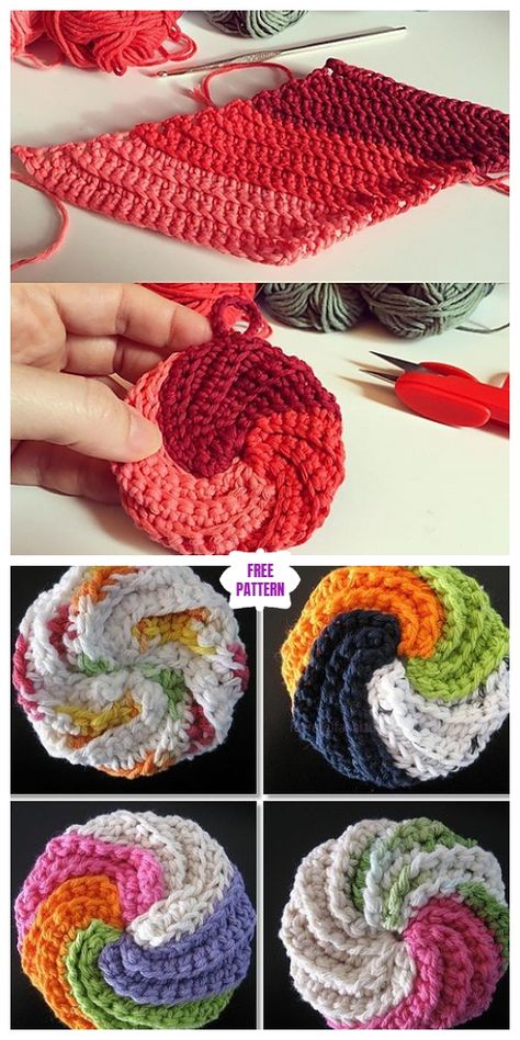 Crochet Spiral Scrubbies Free Crochet Pattern - Video Scrubby Yarn Crochet, Scrubbies Crochet Pattern, Crochet Spiral, Scrubby Yarn, Spiral Crochet, Crochet Scrubbies, Dishcloth Crochet Pattern, Crochet Dishcloth, Crochet Faces