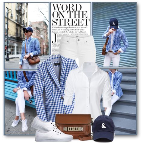 J. Crew Gingham Blazer by brendariley-1 on Polyvore featuring Steffen Schraut, J.Crew, Paige Denim, Vans, Proenza Schouler, jcrew, blazer, gingham, blaireeadie and atlanticpacificblog Gingham Blazer Outfit, Blue Stripes Outfit, Gingham Blazer, How To Wear Blazers, Gingham Jacket, Look Magazine, Color Combinations For Clothes, Slim Fit Blazers, Women Over 50