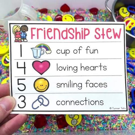 Friendship Activity Counting Sensory Bin by Turner Tots | TPT Recipe Sensory Bins, Manners Sensory Bin, Friendship Stew Sensory Bin, Sharing Theme Preschool Activities, Mail Sensory Bin, Kindness Sensory Activities, Friendship Fine Motor Preschool, Friendship Sensory Bin Preschool, Friendship Stew Preschool