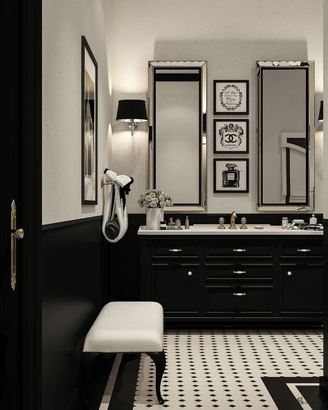 Coco Pearls, Chanel Decoration, Chanel House, Dark Bathroom Ideas, Chanel Decor, Black And White Bathroom, Georgian Interiors, Dark Bathrooms, Black And White Interior