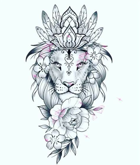 Girly Lion Tattoo, Mandala Lion Tattoo, Colorful Lion Tattoo, Lion Leg Tattoo, Female Lion Tattoo, Crown Tattoos For Women, Lion Flower, Lion Art Tattoo, Lioness Tattoo