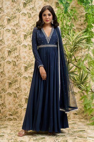 Ariyana Couture Sequin And Bead Work Anarkali Set | Blue, Sequin, Anarkali-viscose Georgette, Plunge V Neck, Full Anarkali Neck Designs, Blue Anarkali Dress, Anarkali Designs, Anarkali With Dupatta, Sheer Dupatta, Desi Vibes, Blue Anarkali, Function Dresses, Butterfly Net