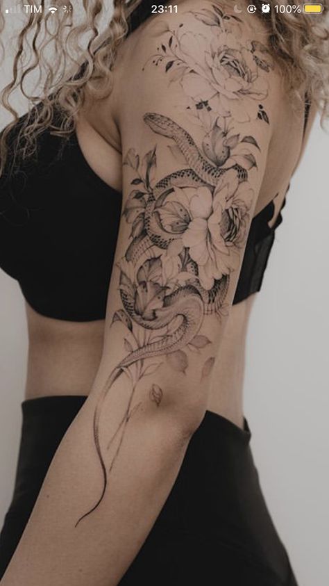 Female Sleeve Tattoo Ideas, Half Sleeve Tattoo Upper Arm, Female Sleeve Tattoo, Tattoo Upper Arm, Snake And Flowers, Line Art Tattoo, Sleeve Tattoo Ideas, Feminine Tattoo Sleeves, Female Sleeve