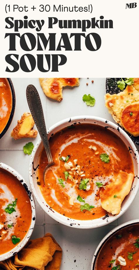 Spicy, gingery pumpkin soup with coconut milk, tomatoes, and warming, Caribbean-inspired spices. Simple, vegan, and ready in 1 pot in 30 minutes! Pumpkin Soup With Coconut Milk, Spicy Tomato Soup, Spicy Pumpkin Soup, Soup With Coconut Milk, Vegan Pumpkin Soup, Coconut Milk Soup, Tasty Meat, Minimalist Baker, Vegan Soup Recipes