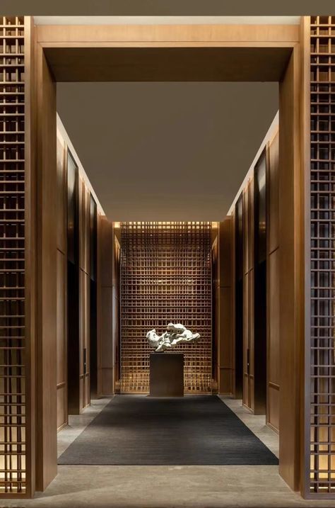 Indonesia Restaurant, Japanese House Modern, Hotel Corridor Design, Grand Door, Lift Lobby Design, Lobby Designs, Modern Hotel Lobby, Elevator Lobby, Hotel Corridor