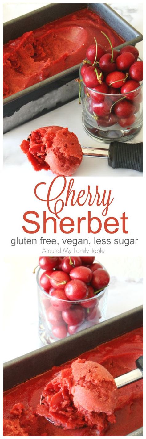 This delicious Cherry Sherbet is made with juice from fresh cherries...it's dairy free and vegan, but you wouldn't know it.  It's the perfect summertime dessert! #cherries #sherbet #vegan #cherrydessert Leto Deserts, Cherry Sherbet, Cherry Sorbet, Homemade Sorbet, Sherbet Recipes, Patisserie Vegan, Valentines Recipes Desserts, Low Carb Cheesecake, Cherry Desserts