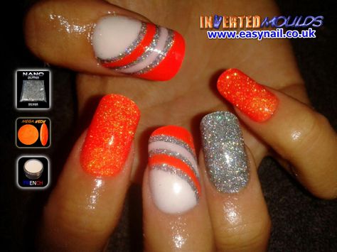 Orange And Silver Nails, Orange Sparkle Nails, Bulldog Nails, Nail Training, Nail Paints, Orange And Silver, Orange Nail Designs, Halloween Acrylic, Halloween Acrylic Nails