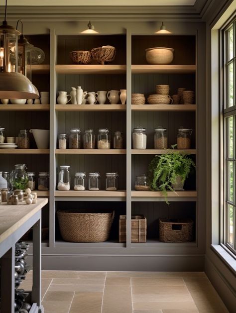 Pantry Aesthetic, Butler Pantry Decor, Green Pantry, Open Kitchen Shelving, Mudroom Addition, Pantry Decor, Shea Mcgee, Kitchen Shelving, Shelving Storage